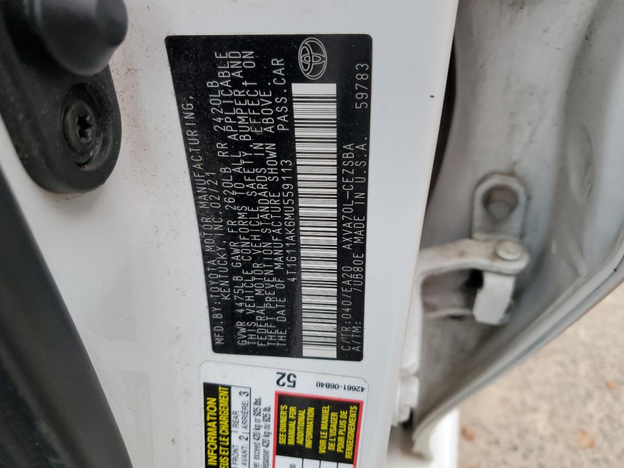 2021 Toyota Camry Se VIN: 4T1G11AK6MU559113 Lot: 70636725