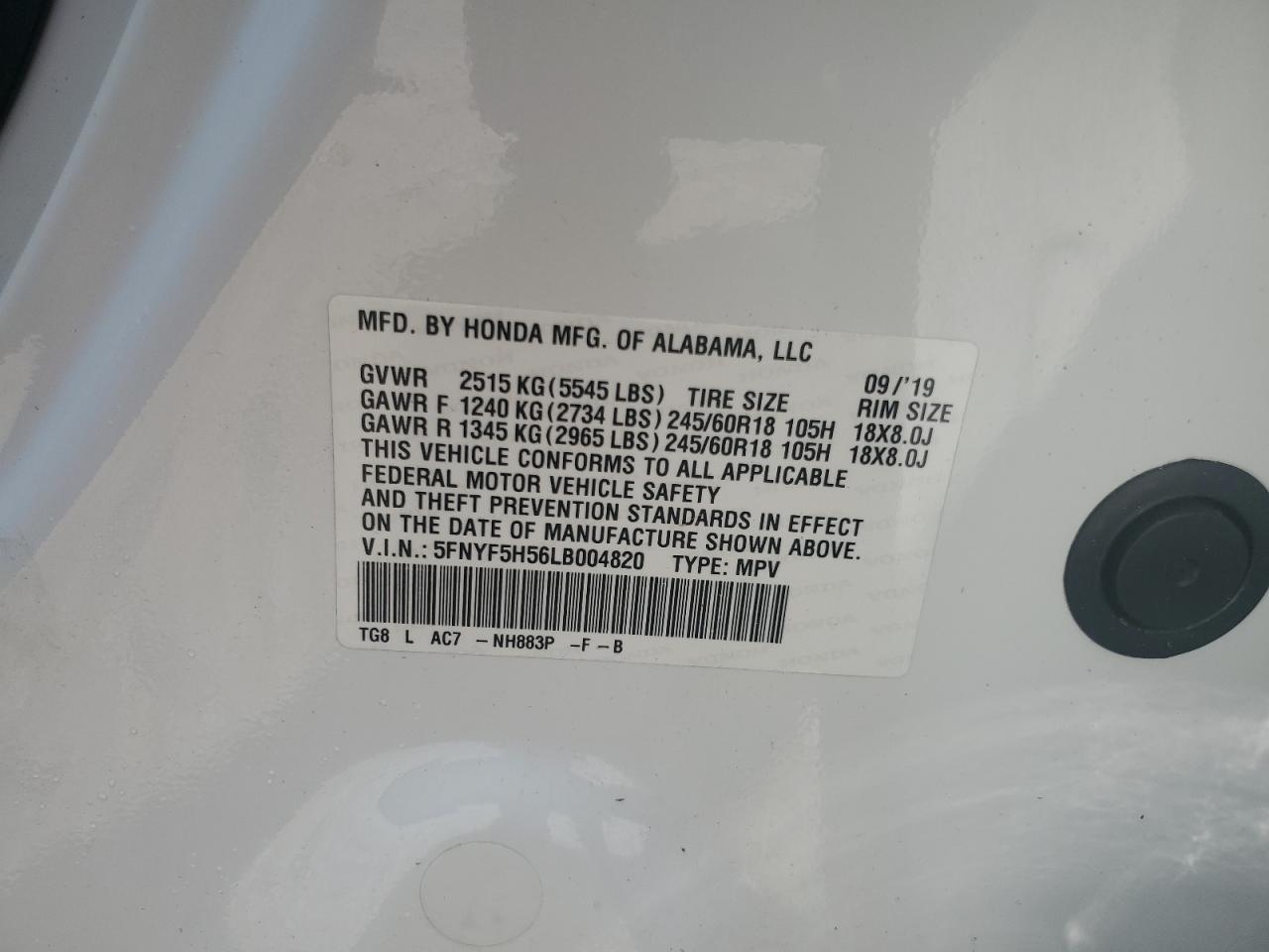 2020 Honda Pilot Exl VIN: 5FNYF5H56LB004820 Lot: 69359555
