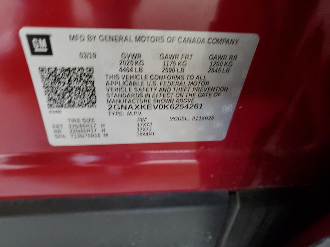 2019 Chevrolet Equinox Lt VIN: 2GNAXKEV0K6254261 Lot: 69820925