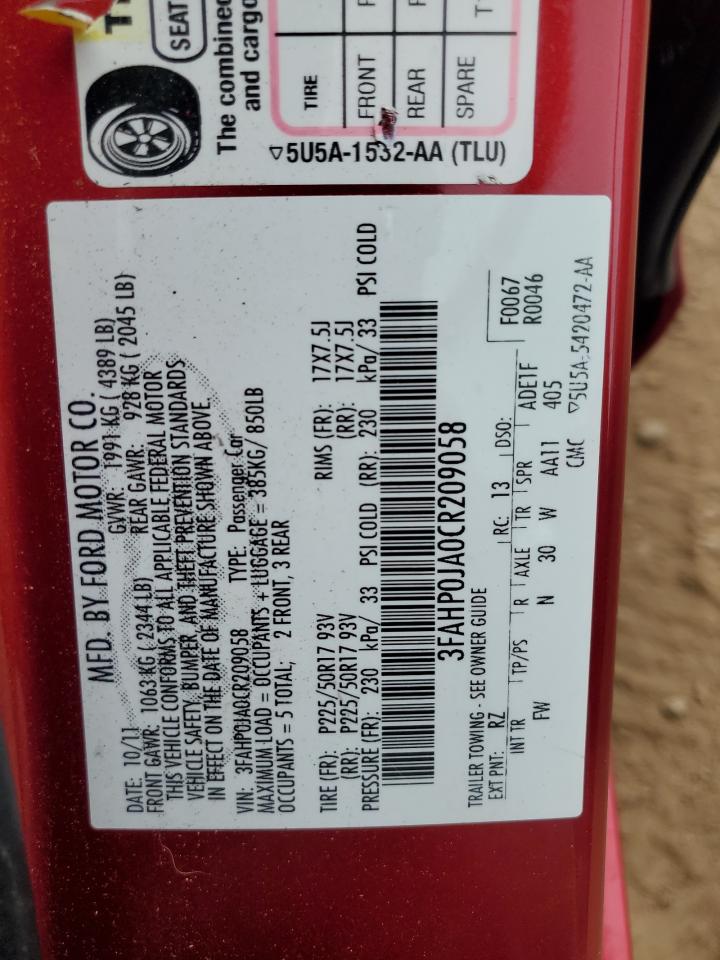 2012 Ford Fusion Sel VIN: 3FAHP0JA0CR209058 Lot: 70334005