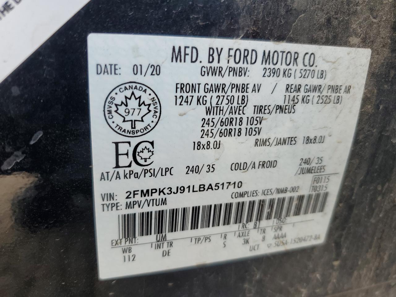 2020 Ford Edge Sel VIN: 2FMPK3J91LBA51710 Lot: 92993795