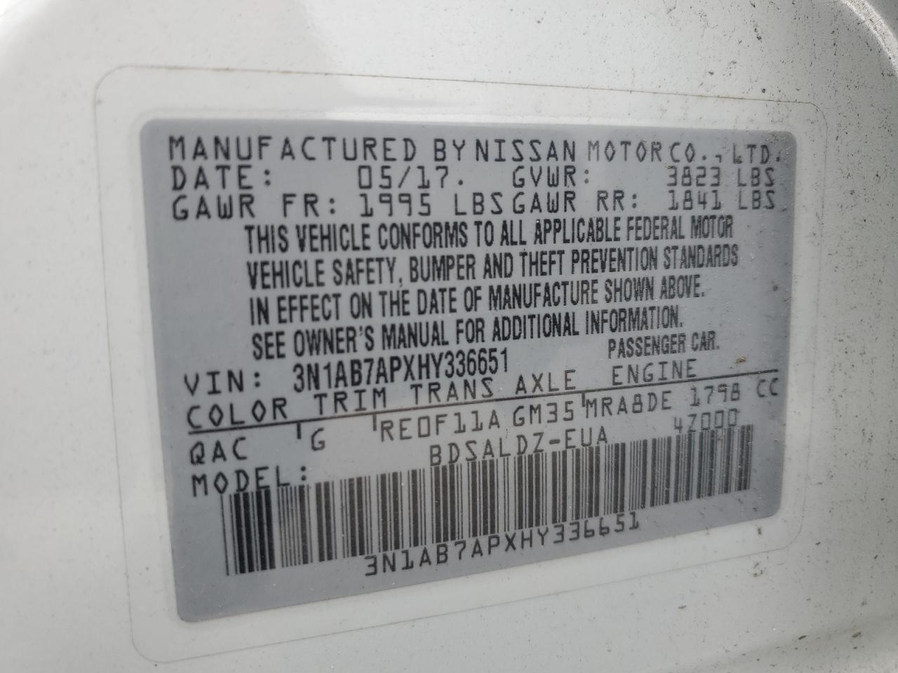 2017 Nissan Sentra S VIN: 3N1AB7APXHY336651 Lot: 67945795