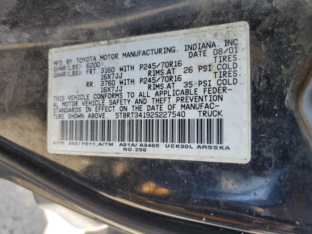 2002 Toyota Tundra Access Cab VIN: 5TBRT34192S227540 Lot: 67090535