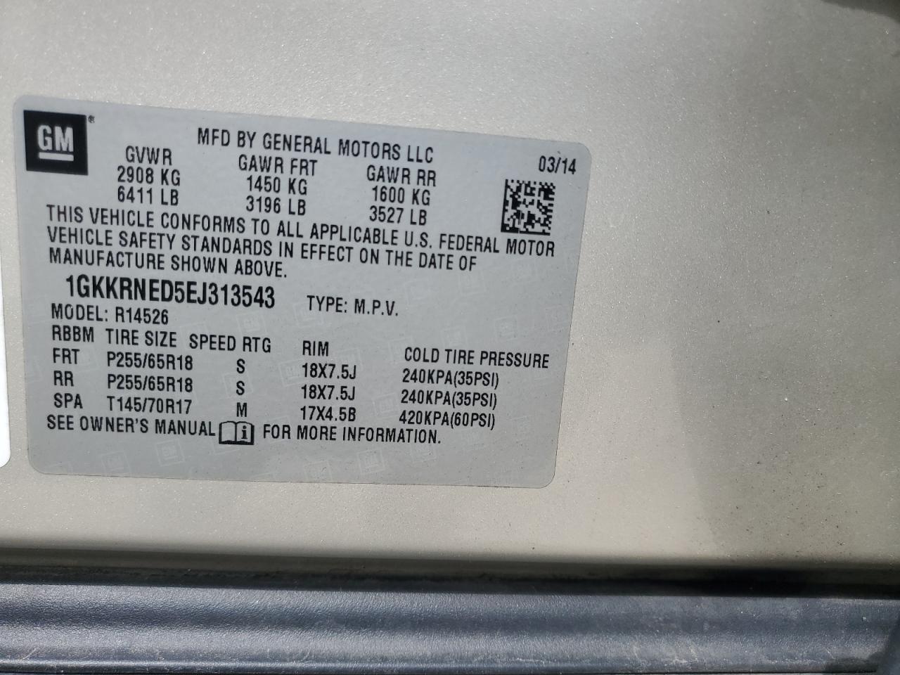 2014 GMC Acadia Sle VIN: 1GKKRNED5EJ313543 Lot: 70130445