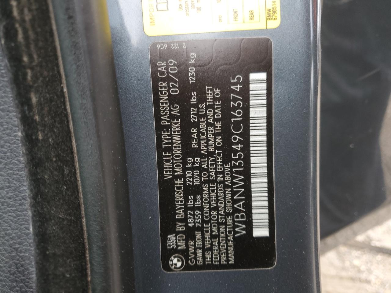 2009 BMW 535 I VIN: WBANW13549C163745 Lot: 67519485