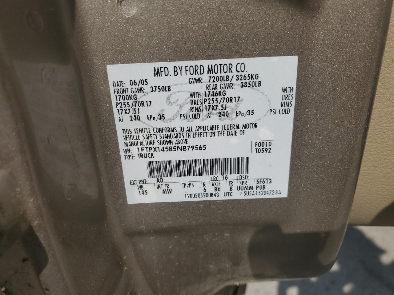 2005 Ford F150 VIN: 1FTPX14585NB79565 Lot: 67787065