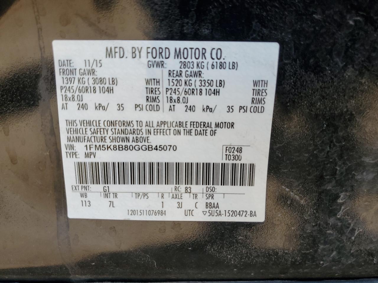 2016 Ford Explorer VIN: 1FM5K8B80GGB45070 Lot: 69417085