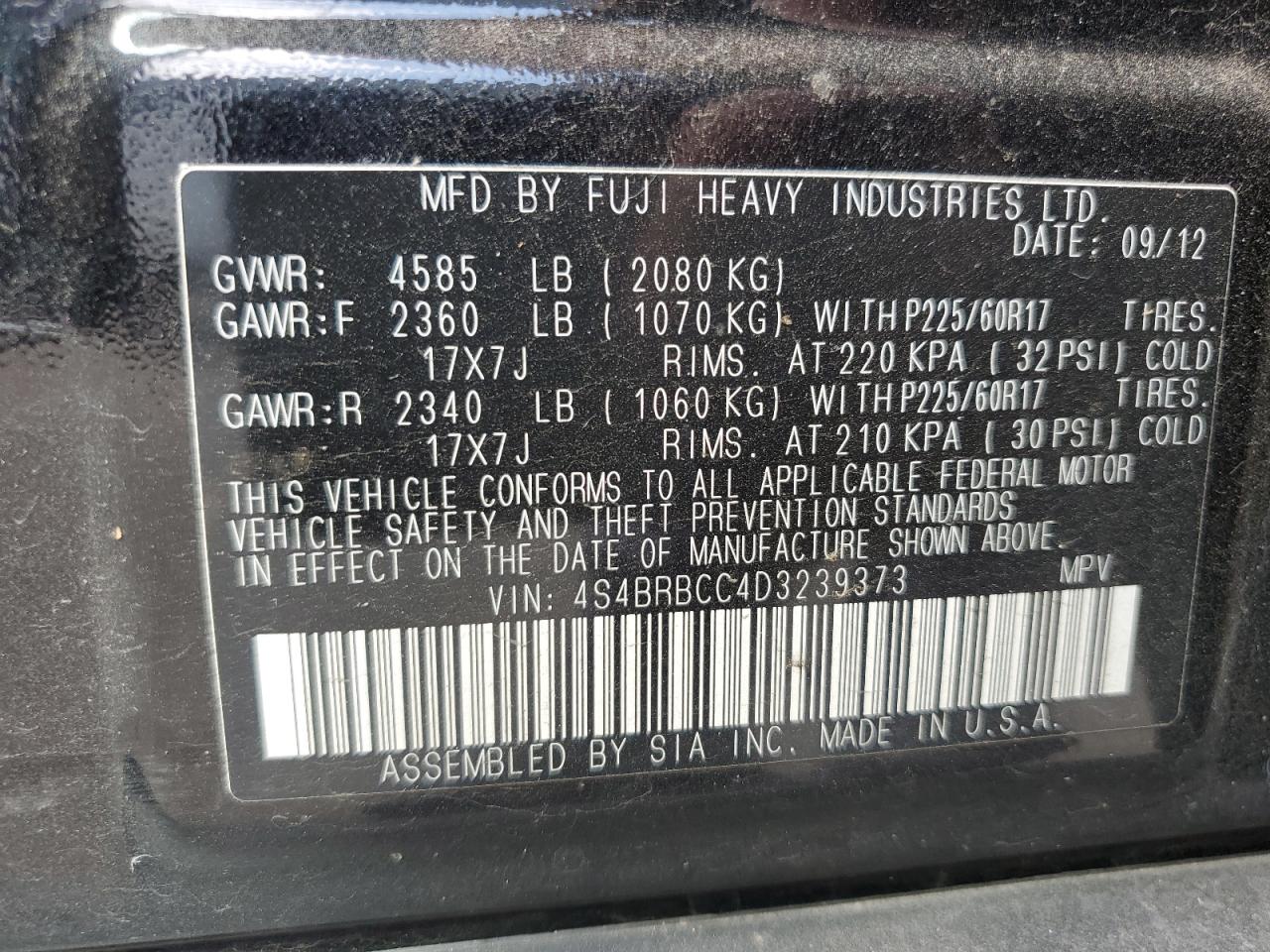 2013 Subaru Outback 2.5I Premium VIN: 4S4BRBCC4D3239373 Lot: 67639705