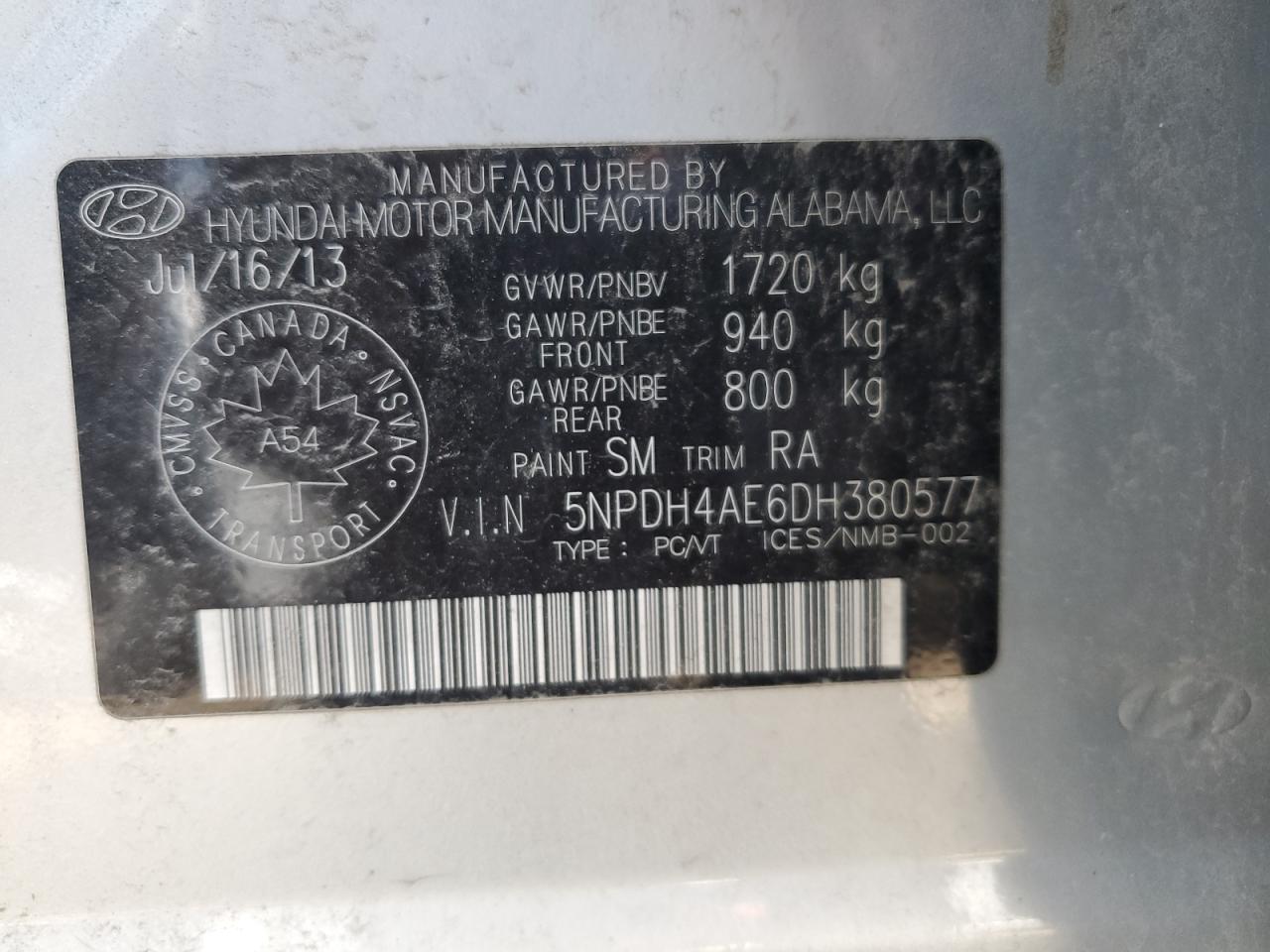 2013 Hyundai Elantra Gls VIN: 5NPDH4AE6DH380577 Lot: 70864505