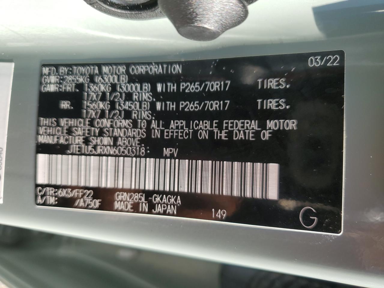 2022 Toyota 4Runner Trail VIN: JTETU5JRXN6050318 Lot: 69187615