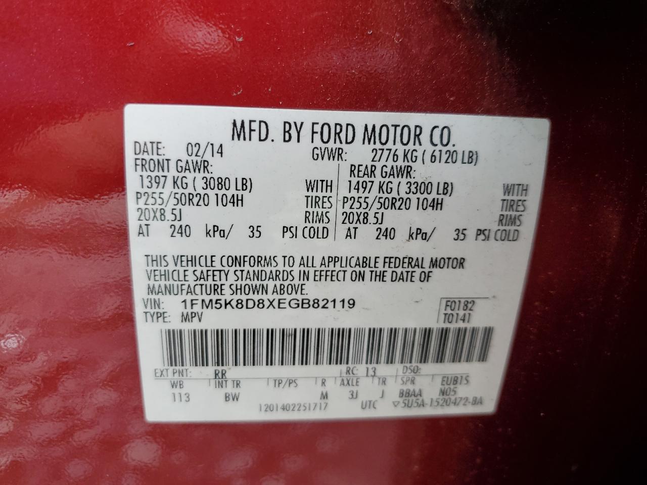 2014 Ford Explorer Xlt VIN: 1FM5K8D8XEGB82119 Lot: 70031045