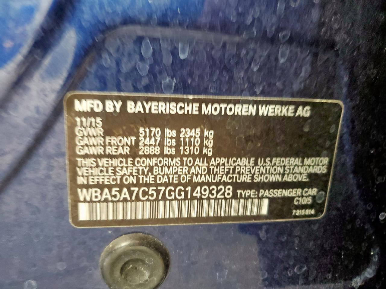 2016 BMW 528 Xi VIN: WBA5A7C57GG149328 Lot: 67437015