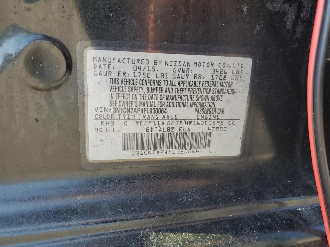 2015 Nissan Versa S VIN: 3N1CN7AP4FL930064 Lot: 69072985