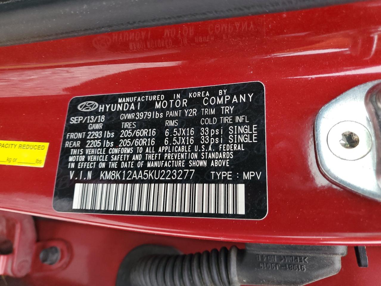 2019 Hyundai Kona Se VIN: KM8K12AA5KU223277 Lot: 69865955