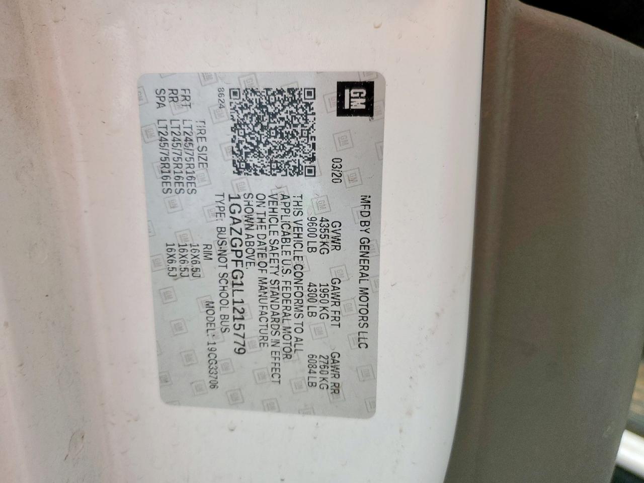 2020 Chevrolet Express G3500 Lt VIN: 1GAZGPFG1L1215779 Lot: 70435695