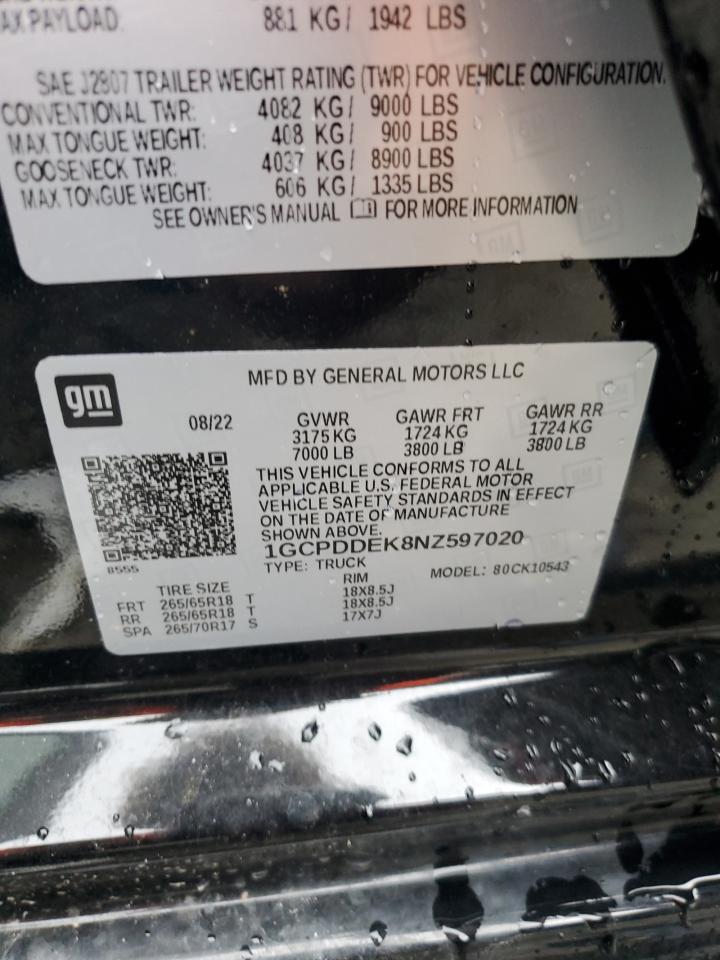 2022 Chevrolet Silverado K1500 Lt VIN: 1GCPDDEK8NZ597020 Lot: 66950055