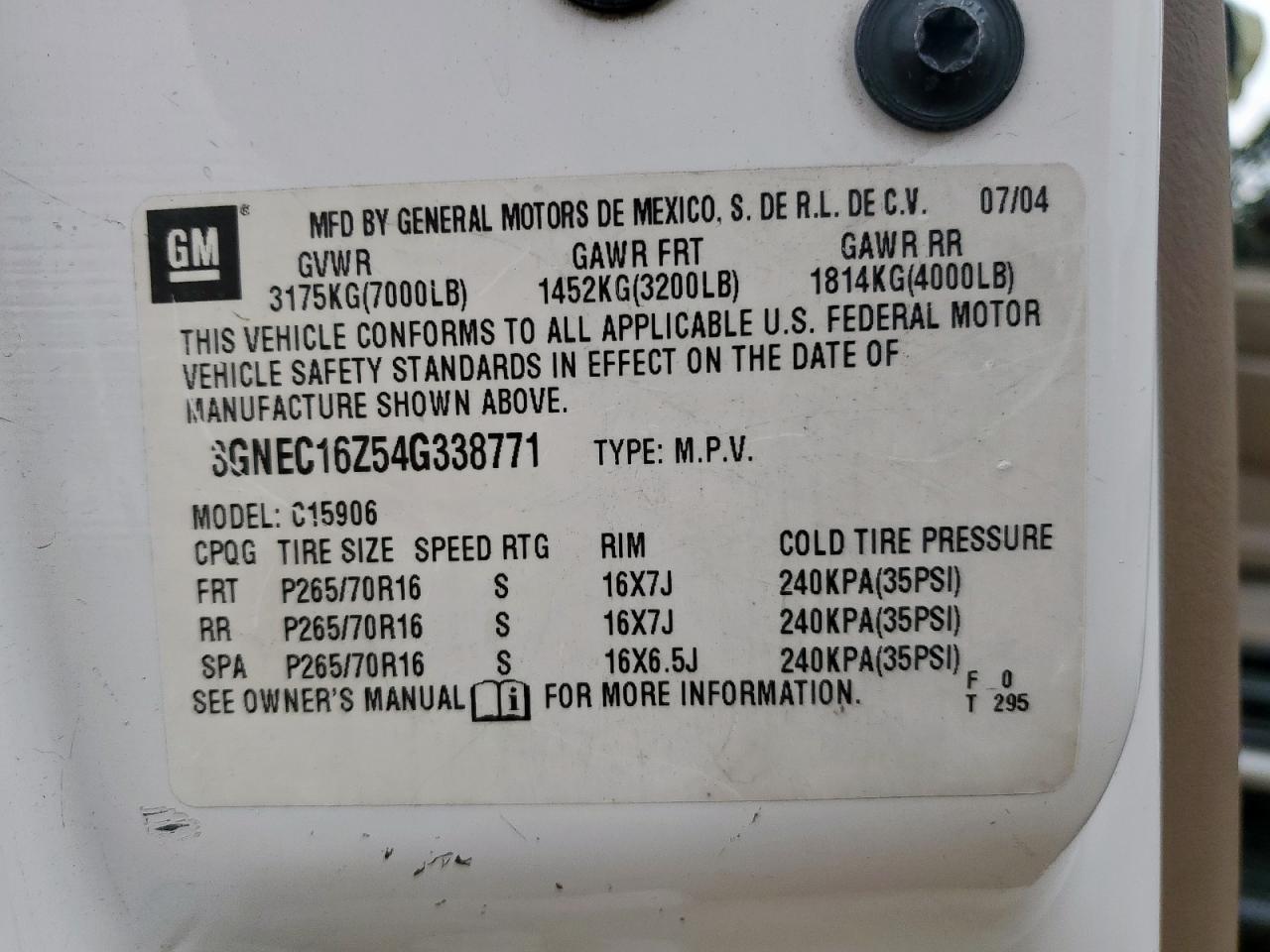 2004 Chevrolet Suburban C1500 VIN: 3GNEC16Z54G338771 Lot: 70651405