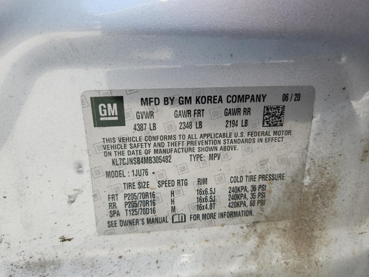 2021 Chevrolet Trax Ls VIN: KL7CJNSB4MB305482 Lot: 67761635