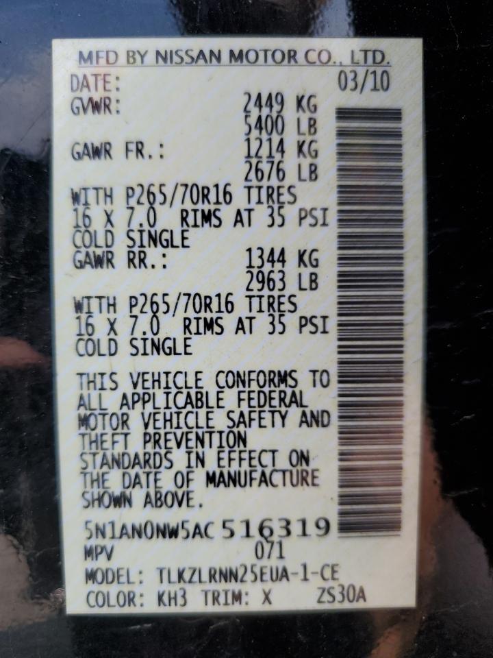 2010 Nissan Xterra Off Road VIN: 5N1AN0NW5AC516319 Lot: 68772785