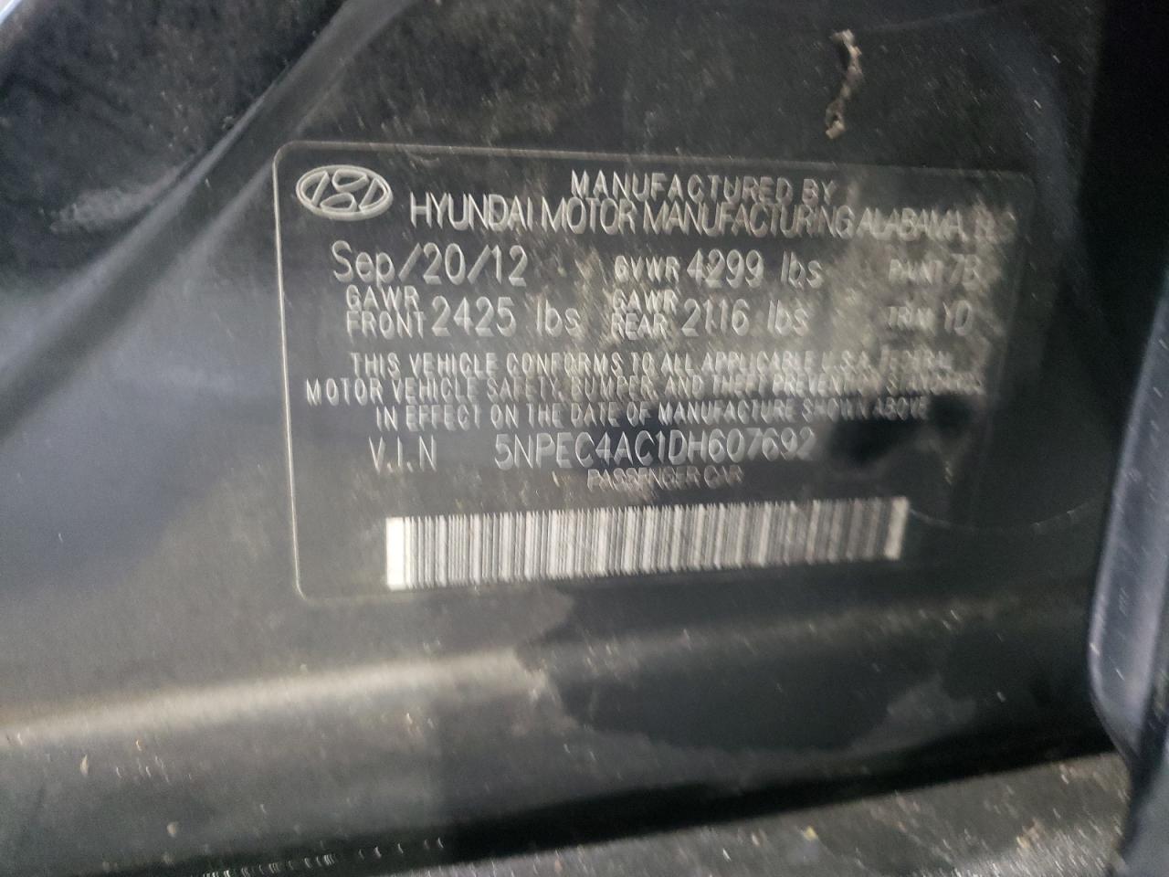 2013 Hyundai Sonata Se VIN: 5NPEC4AC1DH607692 Lot: 67731525