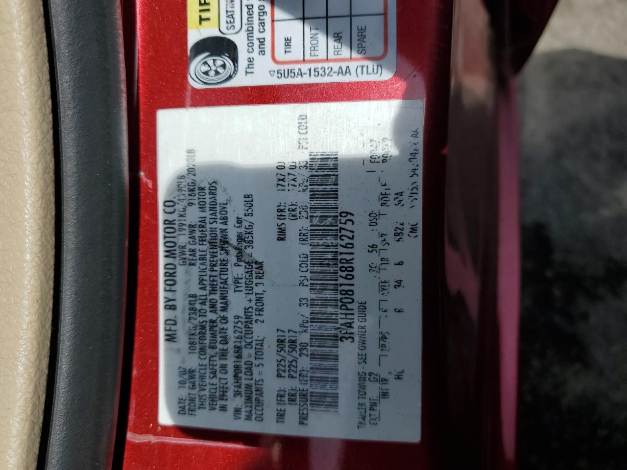 2008 Ford Fusion Sel VIN: 3FAHP08168R162759 Lot: 70730615