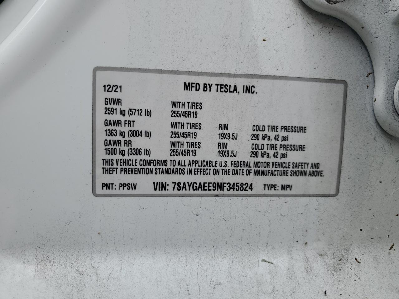 2022 Tesla Model Y VIN: 7SAYGAEE9NF345824 Lot: 66206255