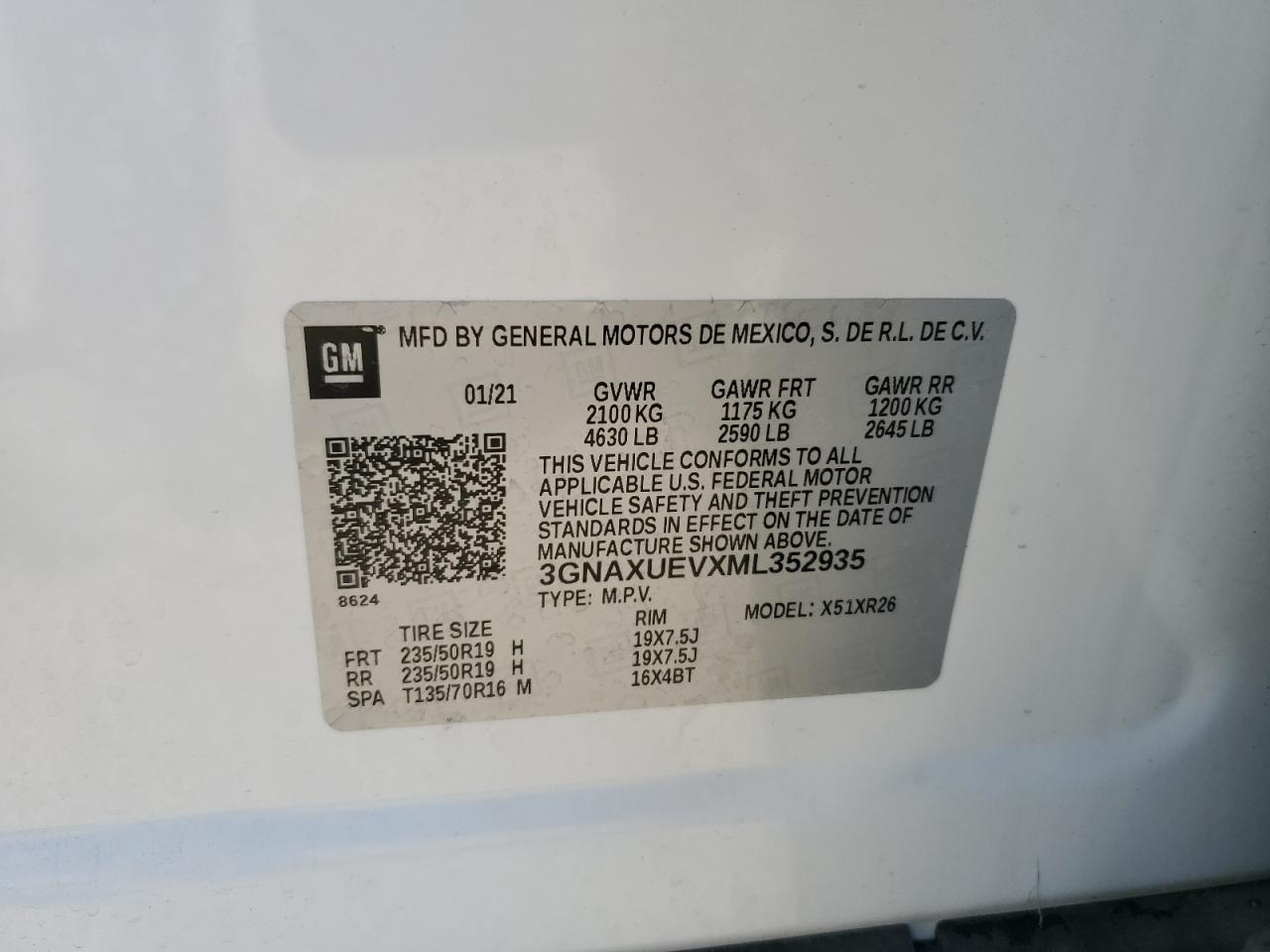 2021 Chevrolet Equinox Lt VIN: 3GNAXUEVXML352935 Lot: 70537335