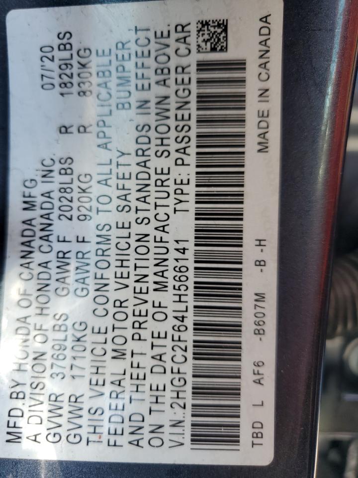 2020 Honda Civic Lx VIN: 2HGFC2F64LH566141 Lot: 67733895