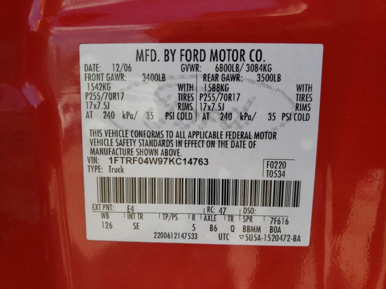 2007 Ford F150 VIN: 1FTRF04W97KC14763 Lot: 69001725