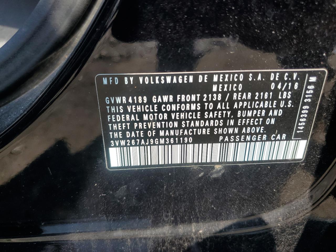 3VW267AJ9GM361190 2016 Volkswagen Jetta S