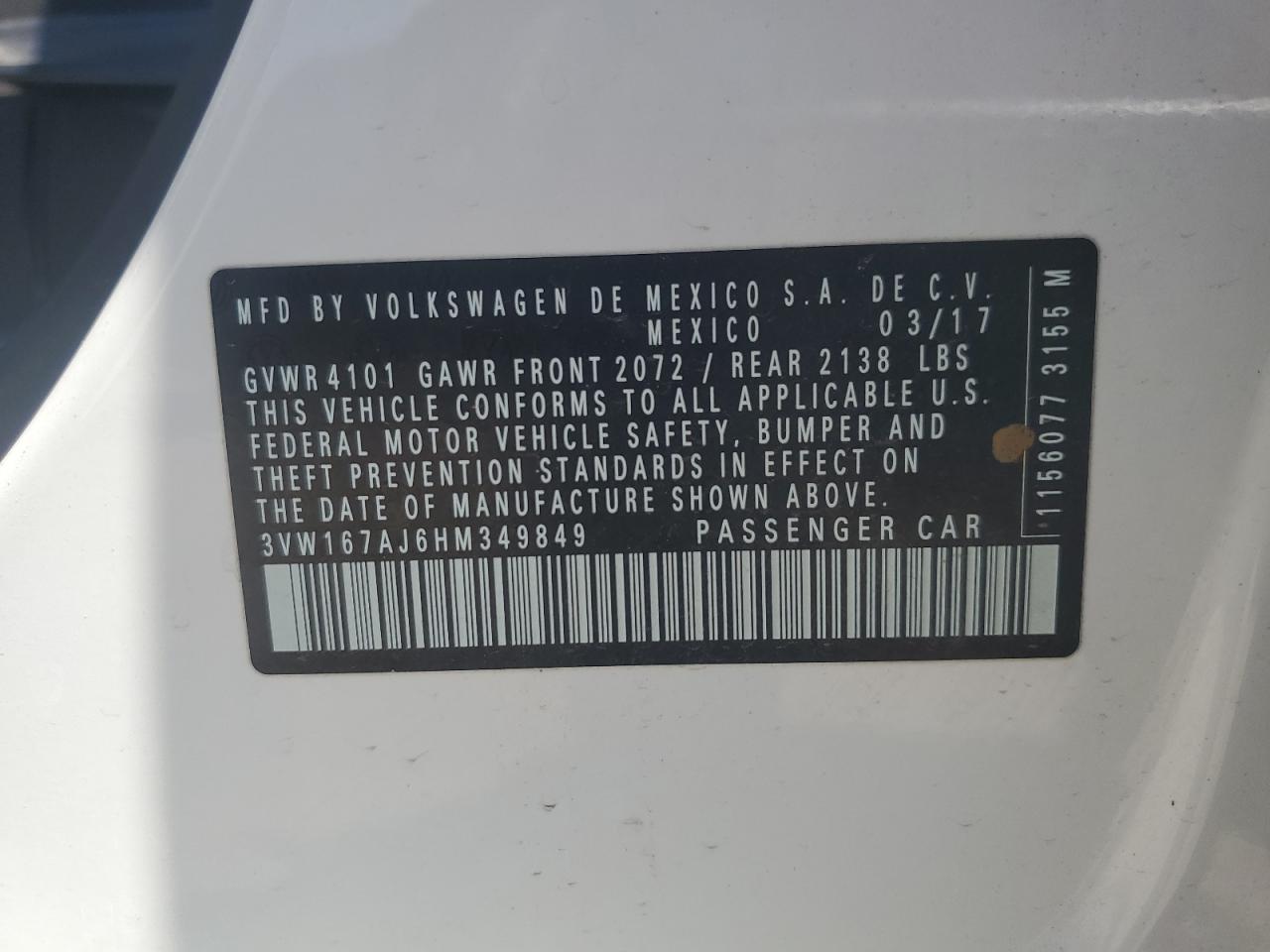 2017 Volkswagen Jetta S VIN: 3VW167AJ6HM349849 Lot: 67966185