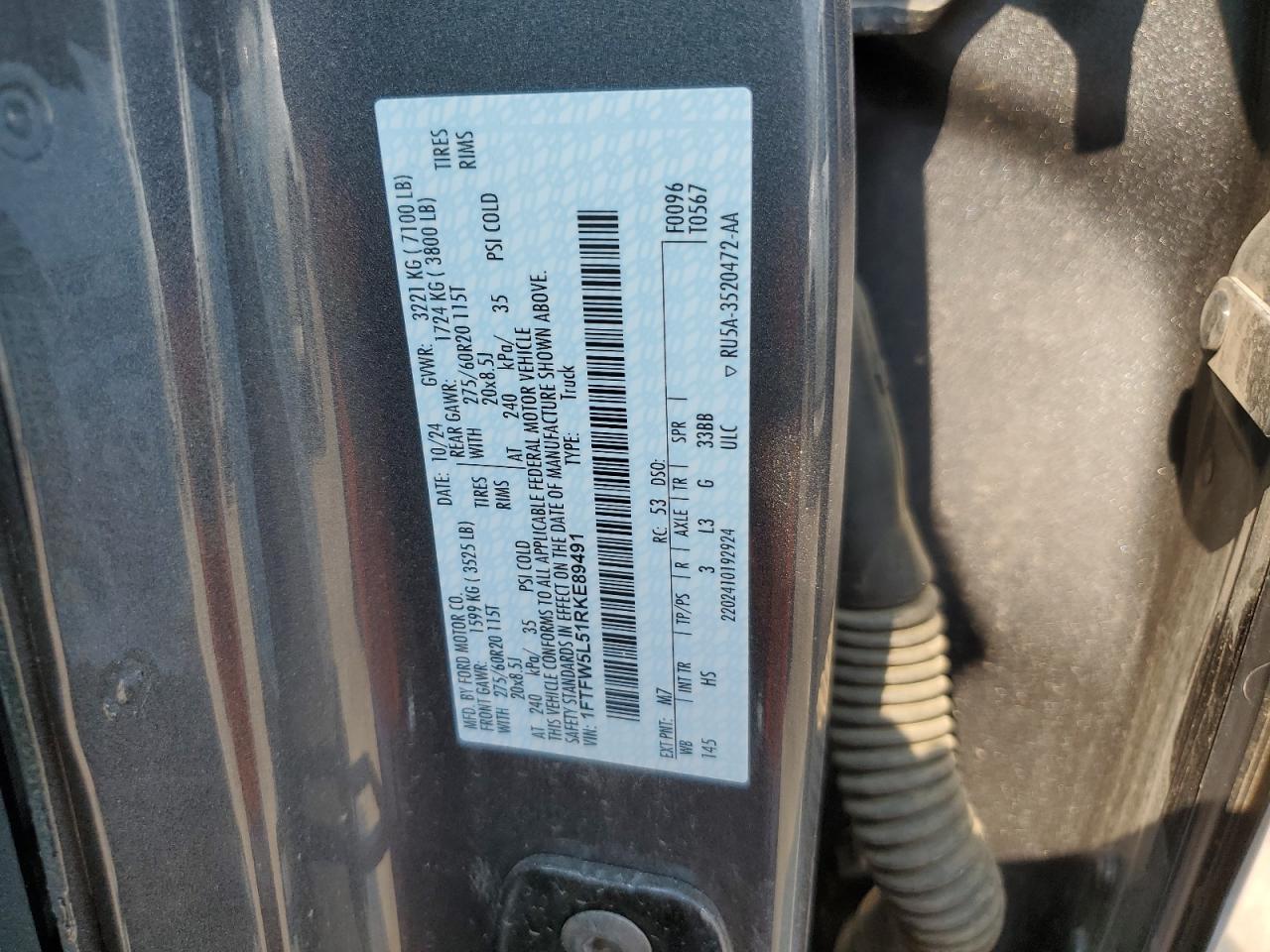 2024 Ford F150 Lariat VIN: 1FTFW5L51RKE89491 Lot: 67383825