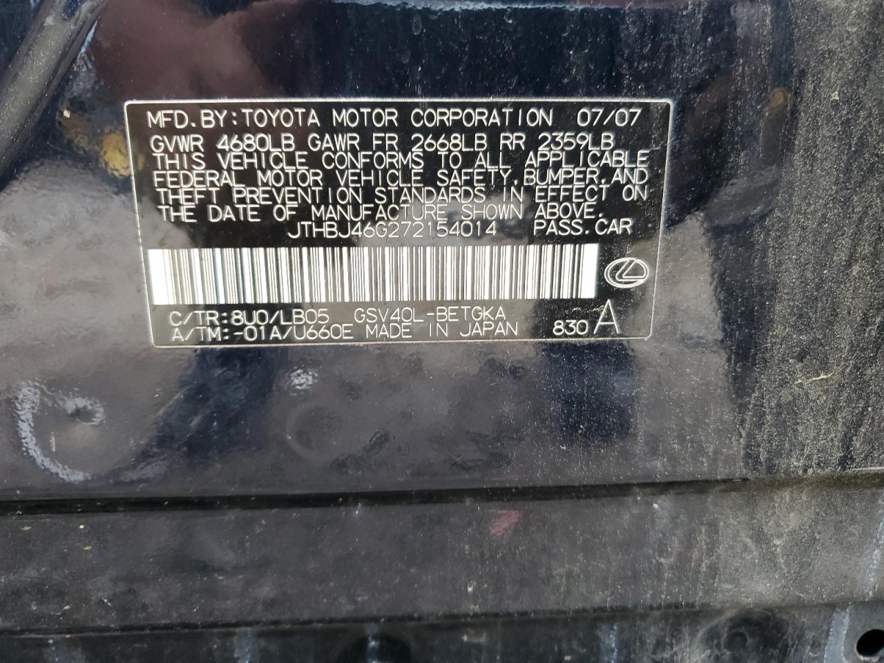 2007 Lexus Es 350 VIN: JTHBJ46G272154014 Lot: 68121595