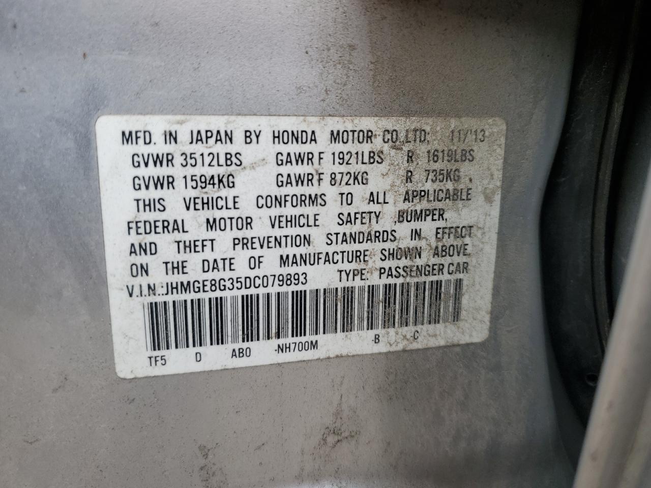 2013 Honda Fit VIN: JHMGE8G35DC079893 Lot: 70480435