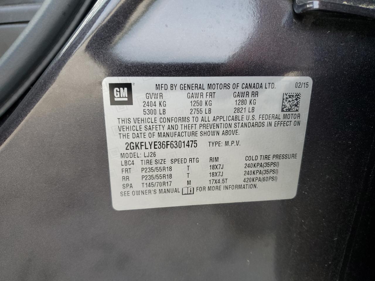 2015 GMC Terrain Slt VIN: 2GKFLYE36F6301475 Lot: 70424975