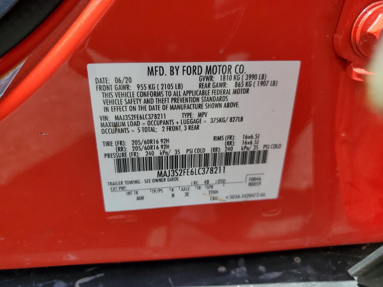 2020 Ford Ecosport S VIN: MAJ3S2FE6LC378211 Lot: 70302435