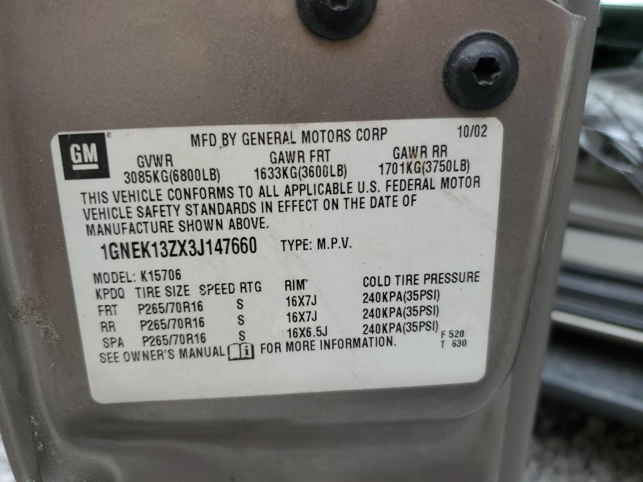 2003 Chevrolet Tahoe K1500 VIN: 1GNEK13ZX3J147660 Lot: 68456935