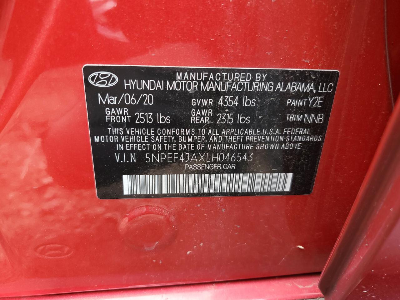 2020 Hyundai Sonata Sel VIN: 5NPEF4JAXLH046543 Lot: 70496825