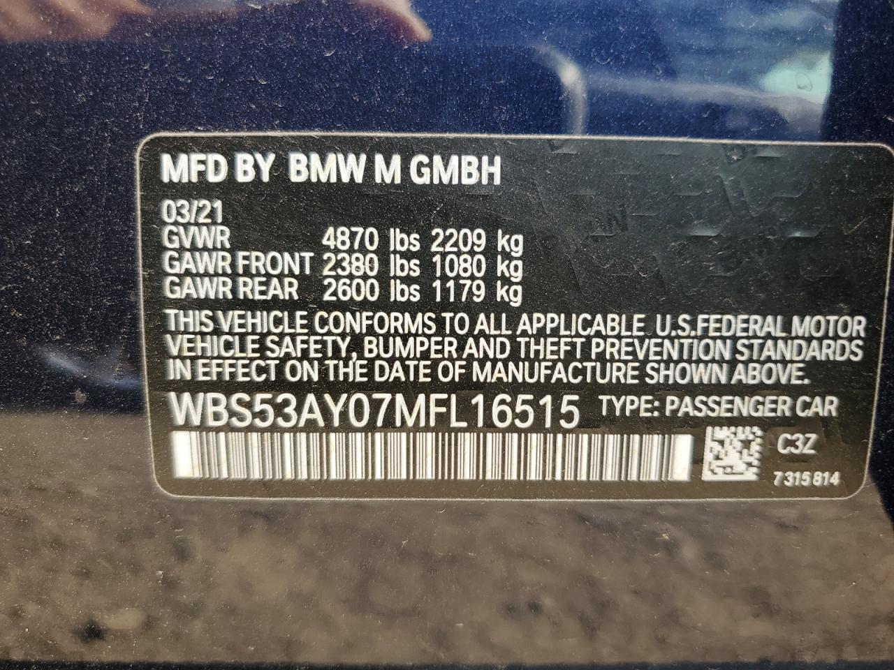 2021 BMW M3 VIN: WBS53AY07MFL16515 Lot: 70196115
