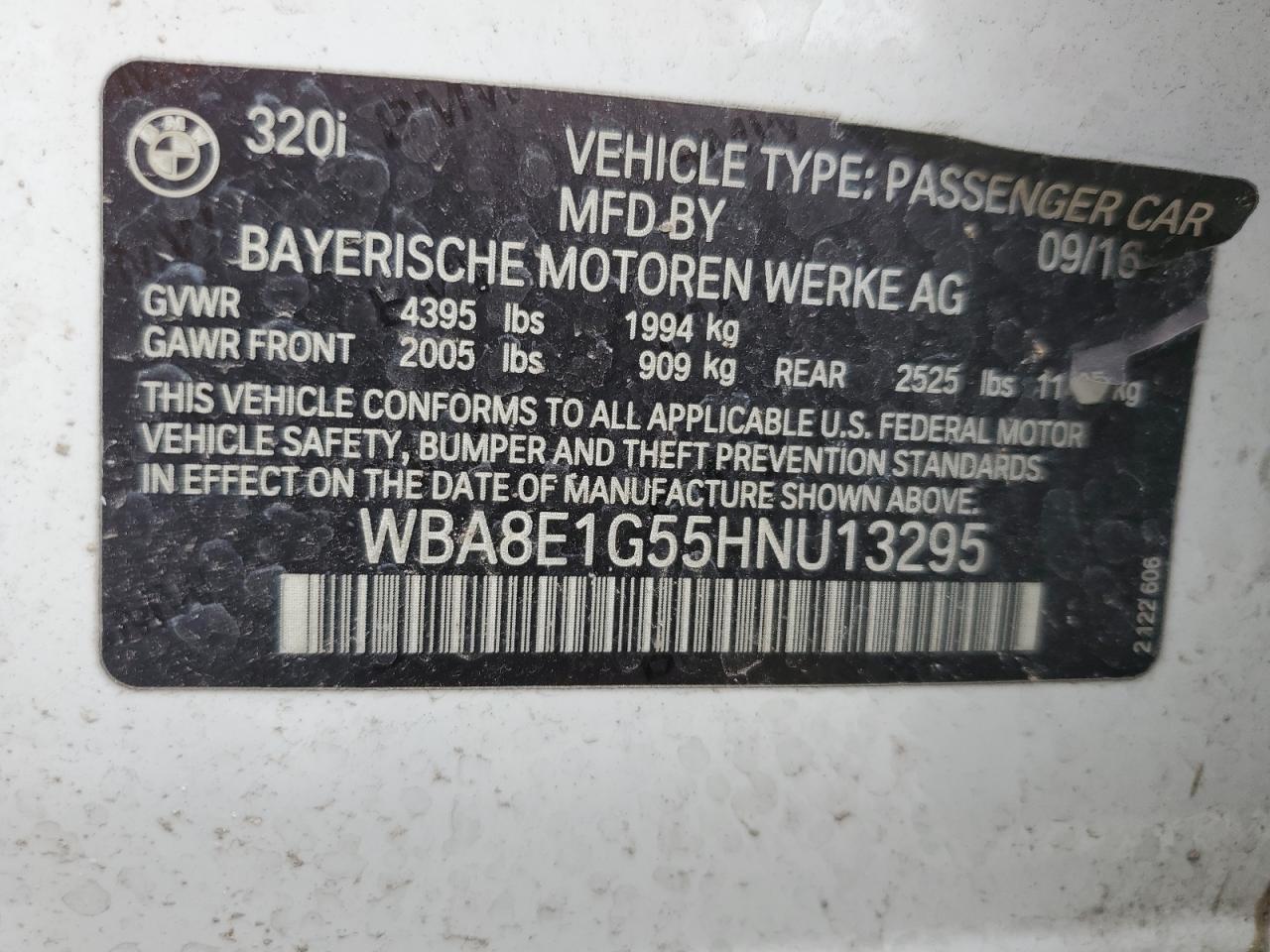 2017 BMW 320 I VIN: WBA8E1G55HNU13295 Lot: 70634055