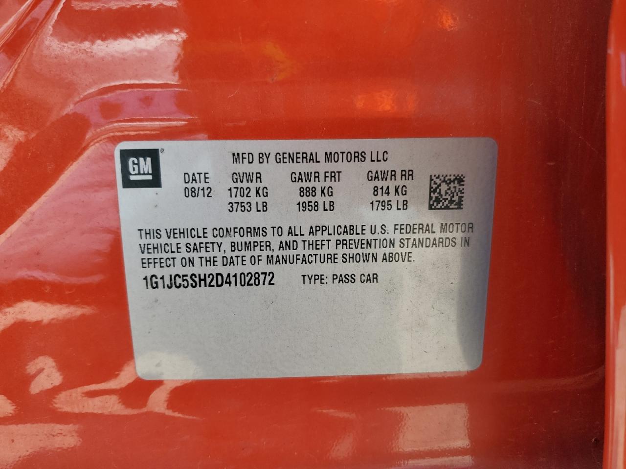 2013 Chevrolet Sonic Lt VIN: 1G1JC5SH2D4102872 Lot: 67294765