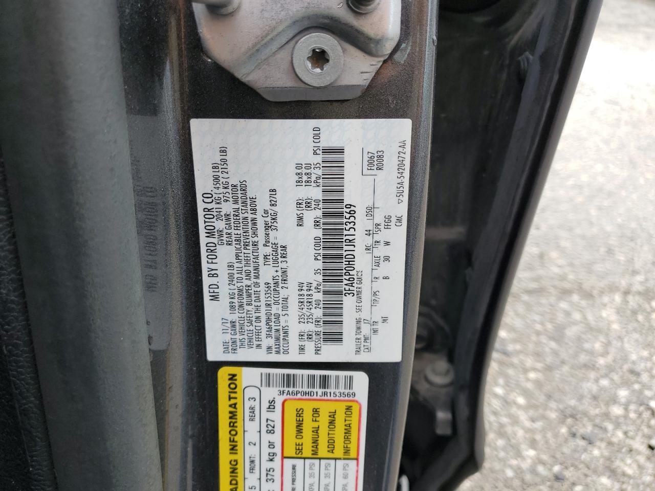 2018 Ford Fusion Se VIN: 3FA6P0HD1JR153569 Lot: 70498825