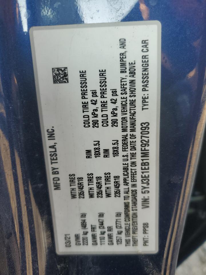 2021 Tesla Model 3 VIN: 5YJ3E1EB1MF927093 Lot: 70583595