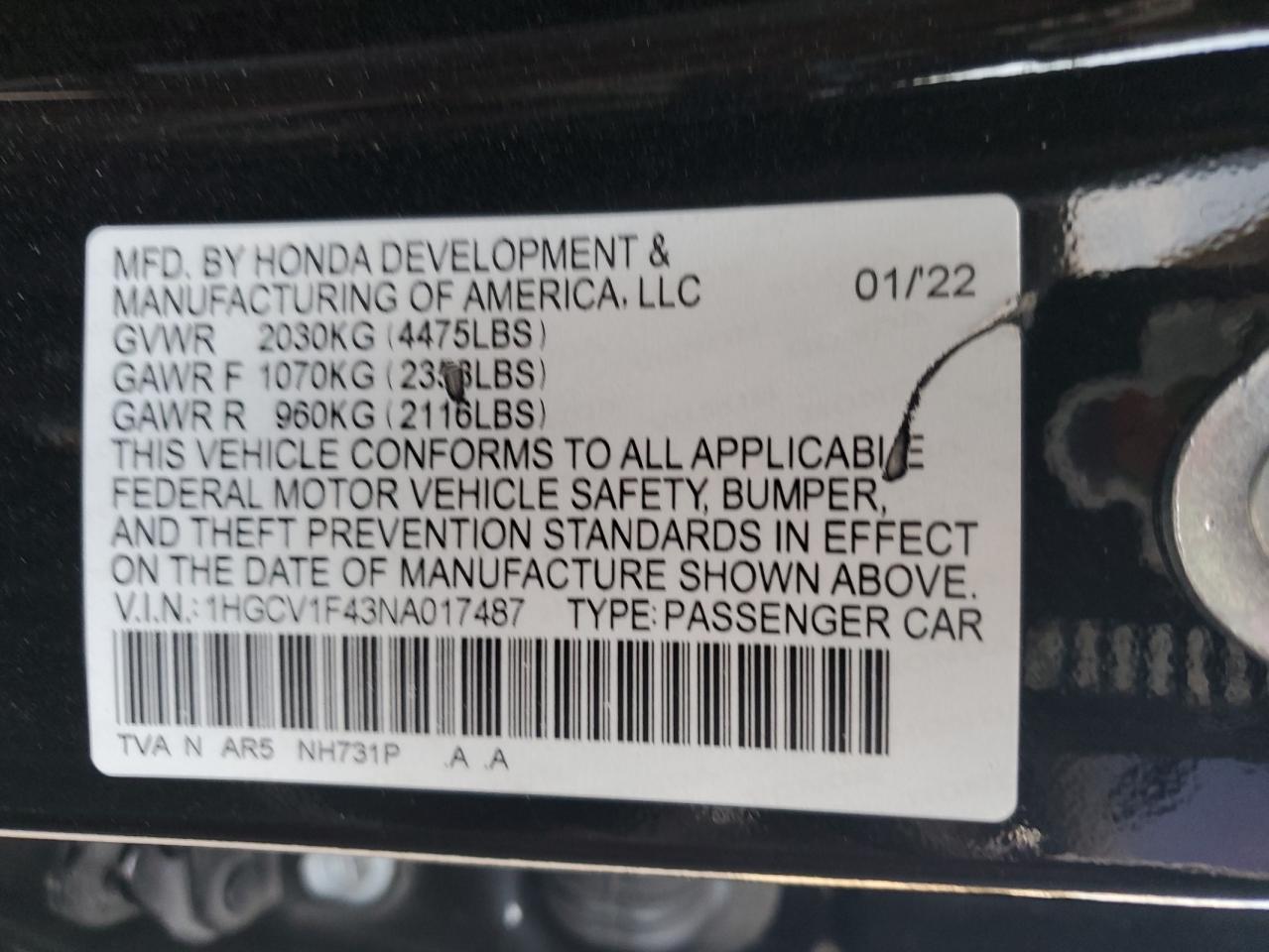 2022 Honda Accord Sport Se VIN: 1HGCV1F43NA017487 Lot: 69684655