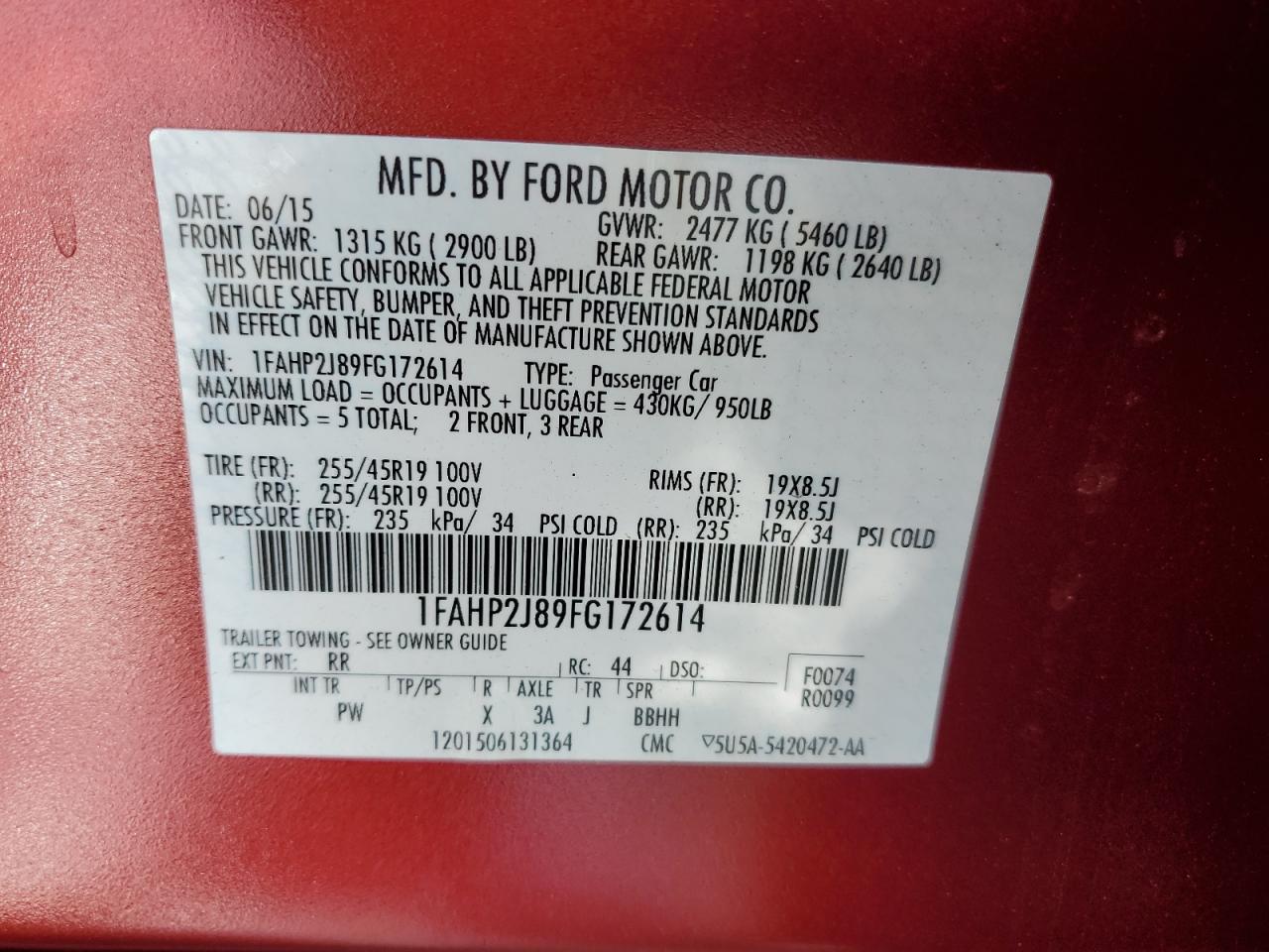 2015 Ford Taurus Limited VIN: 1FAHP2J89FG172614 Lot: 70430475