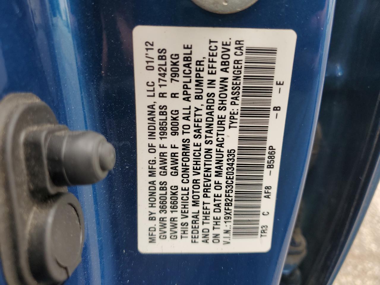 2012 Honda Civic Lx VIN: 19XFB2F53CE034335 Lot: 69689345