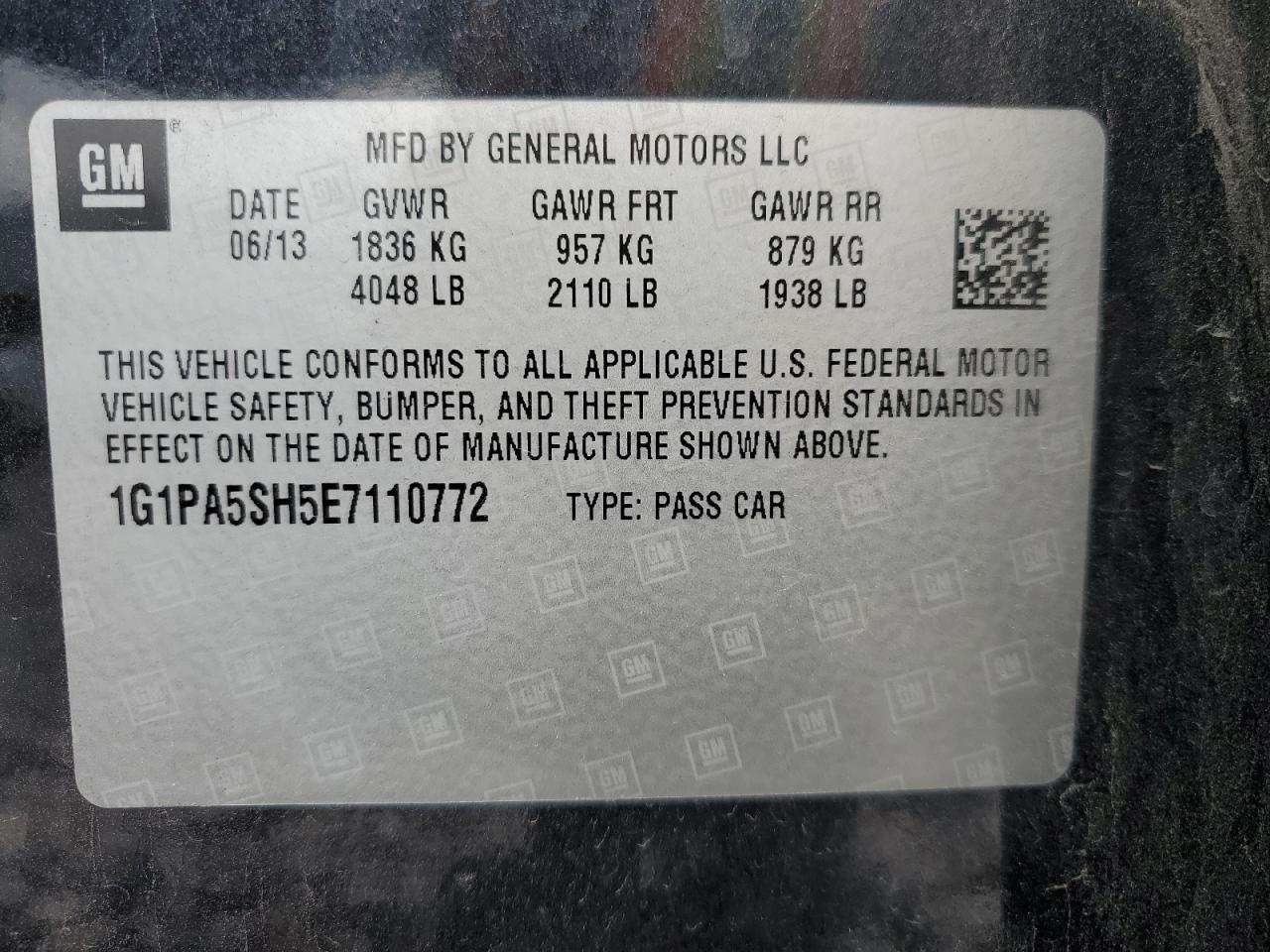 2014 Chevrolet Cruze Ls VIN: 1G1PA5SH5E7110772 Lot: 69506055