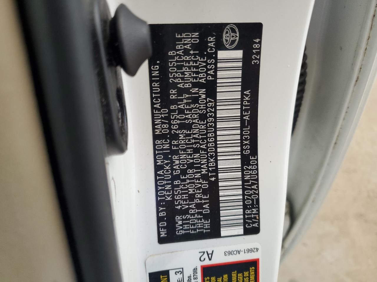 2011 Toyota Avalon Base VIN: 4T1BK3DB6BU393297 Lot: 69109255