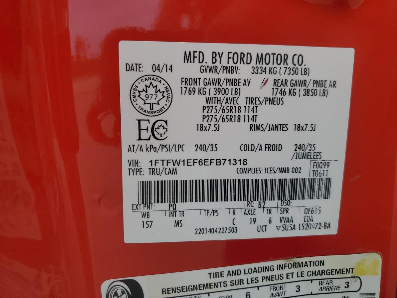 2014 Ford F150 Supercrew VIN: 1FTFW1EF6EFB71318 Lot: 70818605