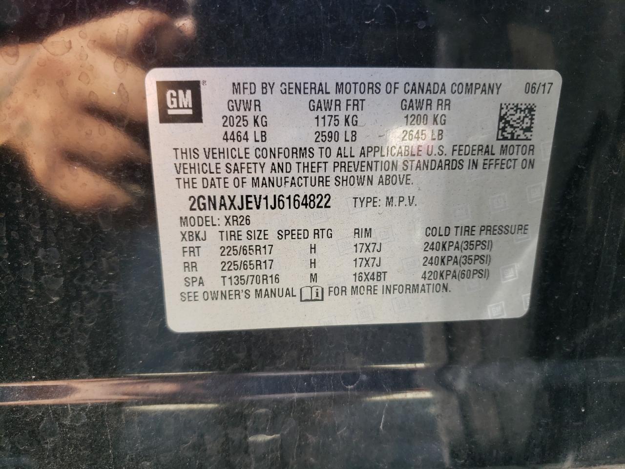 2018 Chevrolet Equinox Lt VIN: 2GNAXJEV1J6164822 Lot: 70386405